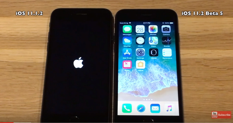 iPhone 7 在升級iOS 11.2 beta 5版後,實測較發現,開機反應速度明顯變快了。(圖翻攝自YouTube「iAppleBytes」頻道影片)