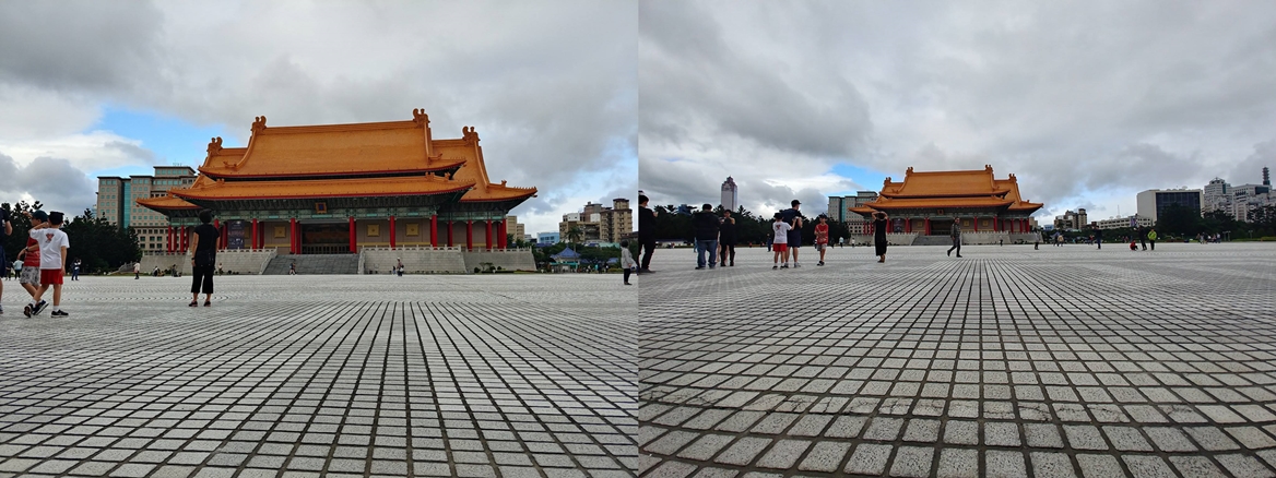 LG V30+實拍，使用自動模式，在戶外多雲陰天拍攝，色彩表現頗佳，但在廣角端邊緣處仍有變形現象。圖左為主相機標準鏡頭 F1.6大光圈；圖右為120度超廣角鏡頭。(圖記者劉惠琴攝）