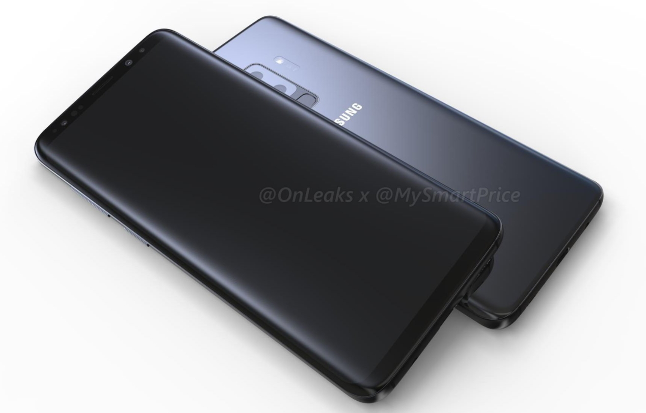 三星新一代旗艦機S9+渲染照於網路流出,採用垂直排列設計的雙鏡頭、機背後置指紋辨識。(圖翻攝自@OnLeaks推特)