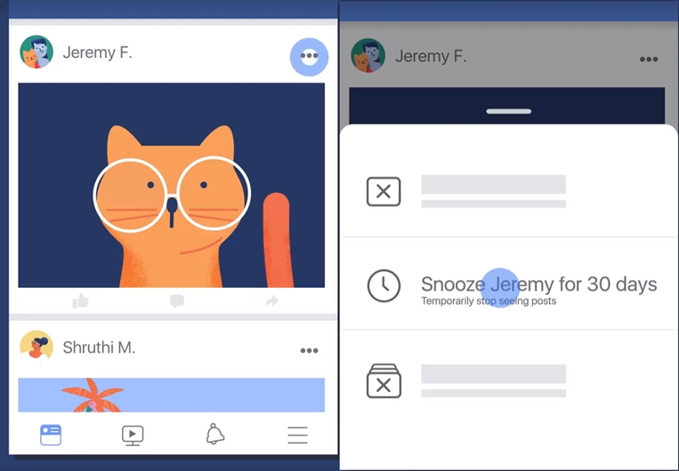 臉書推出「Snooze」打盹新功能,可暫時停止瀏覽對方的動態貼文,時間最長為30天。(圖翻攝Facebook)