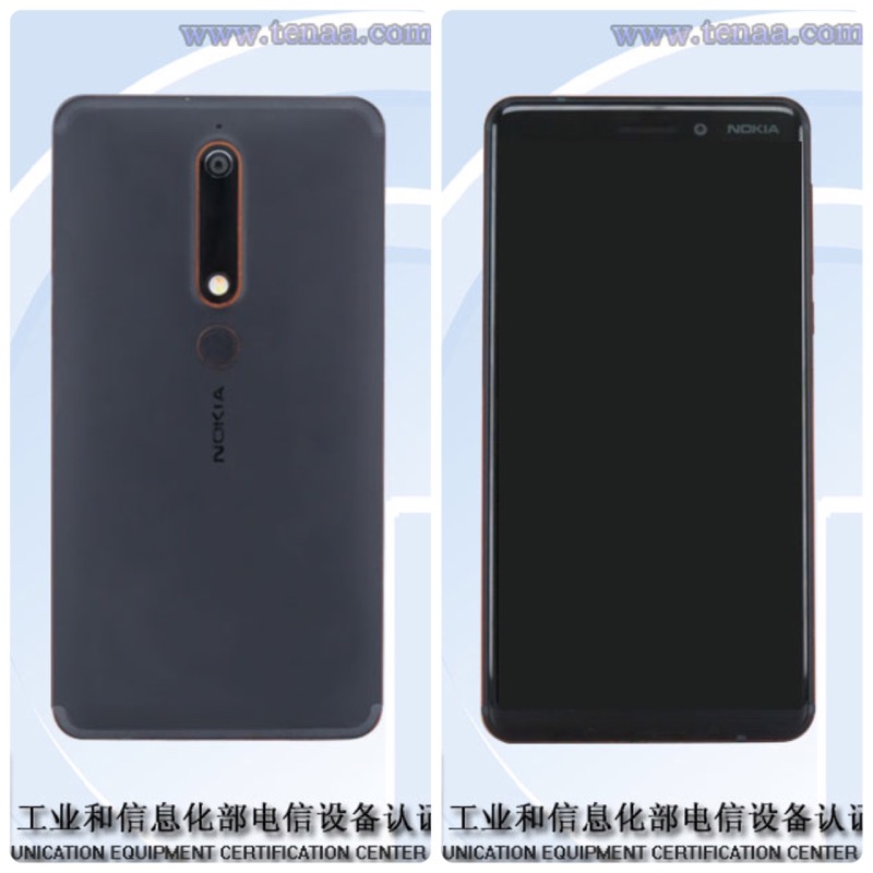 2018 版 Nokia 6。由於螢幕邊框變窄,原先在正面的指紋感測器被移到背面(圖/翻攝自中國工信部)