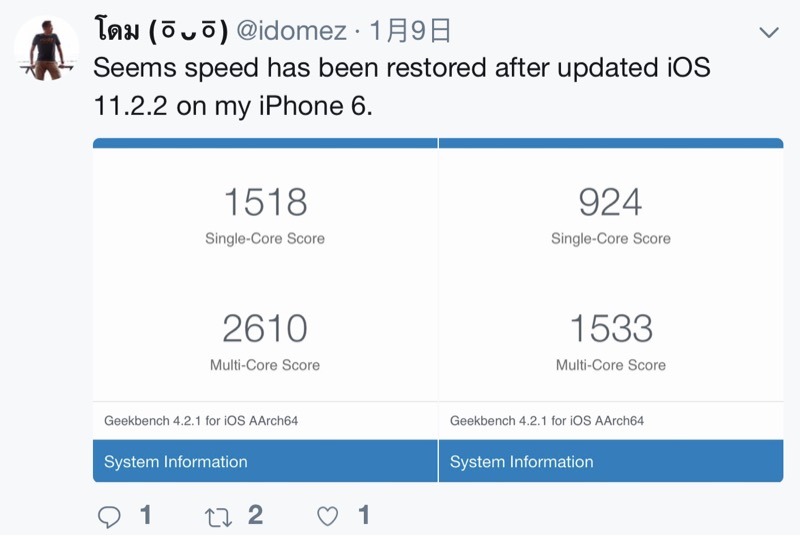 iPhone 6 升級 iOS 11.2.2 後性能降幅明顯(圖/翻攝自 Twitter)