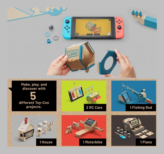 Nintendo Labo Toy-con01 VARIETY KIT組合套件,內含有鋼琴、釣竿、遙控車等,可組合出五種不同的遊戲控制器,對應不同的遊戲遊玩。售價6,980日圓。(翻攝自任天堂影片)