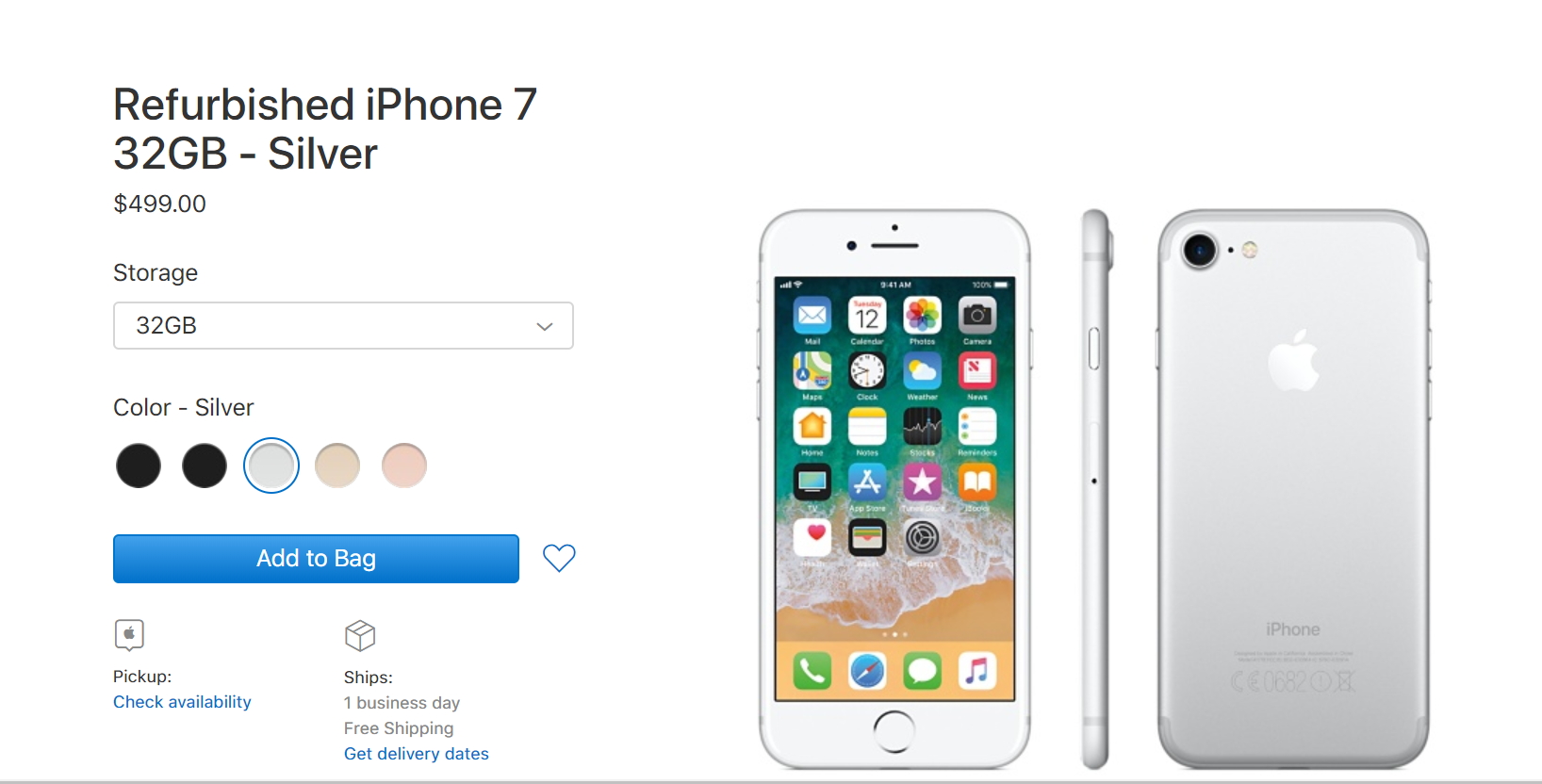 32GB版的iPhone 7 整新機，售價499美元。（原價549美元）(圖翻攝自Apple官網)