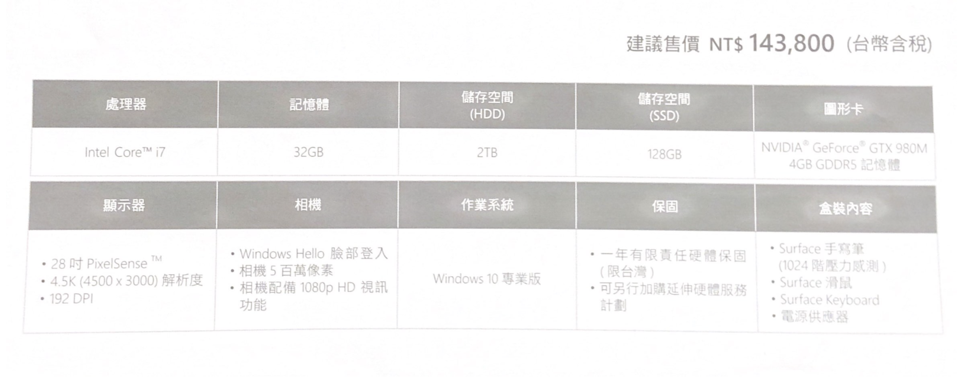 Surface Studio 規格(圖/記者黃敬淳攝)