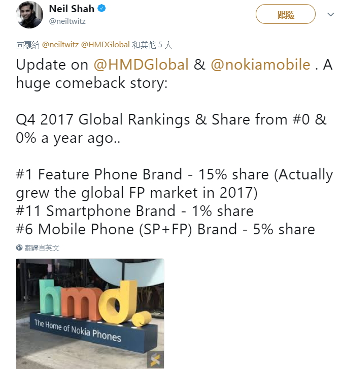 市調機構CounterPoint 負責人Neil Shah 在 Twitter分享Nokia去年第四季銷售表現,統計共銷售出440萬支 Android 智慧型手機,單季銷量表現成功超越 HTC、華碩、SONY、Google。(圖翻攝自Neil Shah推特)