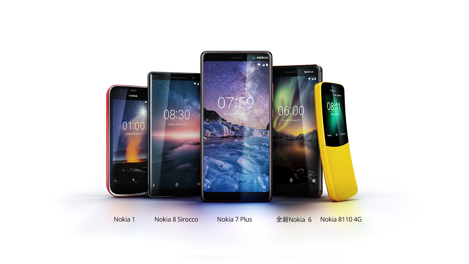 HMD於MWC 2018舉辦新機發表會，共發表5款新機：Nokia 8 Sirocco、Nokia 7 Plus、全新Nokia 6、和Nokia 1，這4 款智慧型新機，以及「驚喜現身」復刻版的經典滑蓋機 8810 4G。（圖Nokia提供）