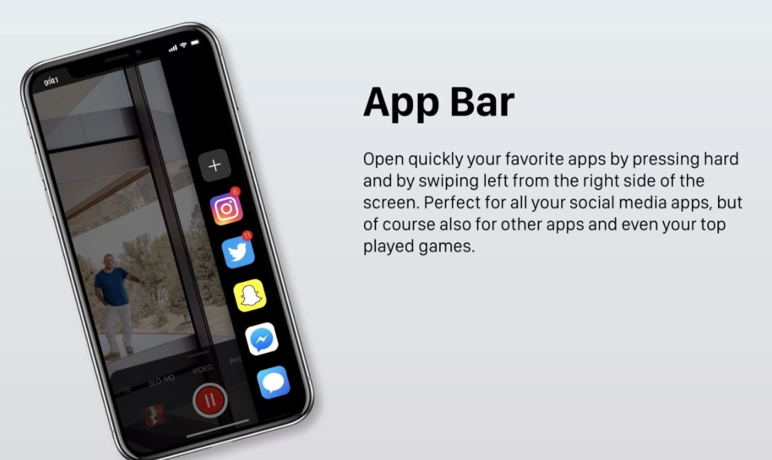 外媒預測新版iOS 12系統,螢幕側邊可能會加入App Bar,讓用戶可快速切換應用程式、或自訂常用的應用程式。(圖翻攝自9to5Mac)