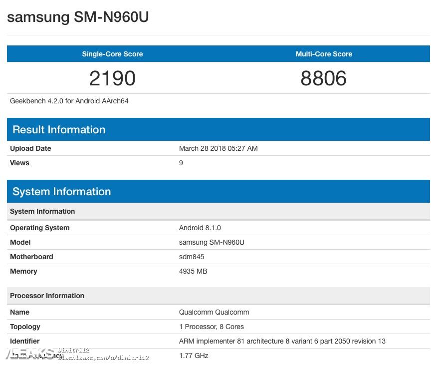 代號「SM-N960U」的三星新機跑分曝光,外媒推測認為這款新機為Note 9的可能性極高。 (圖翻攝自Geekbench)
