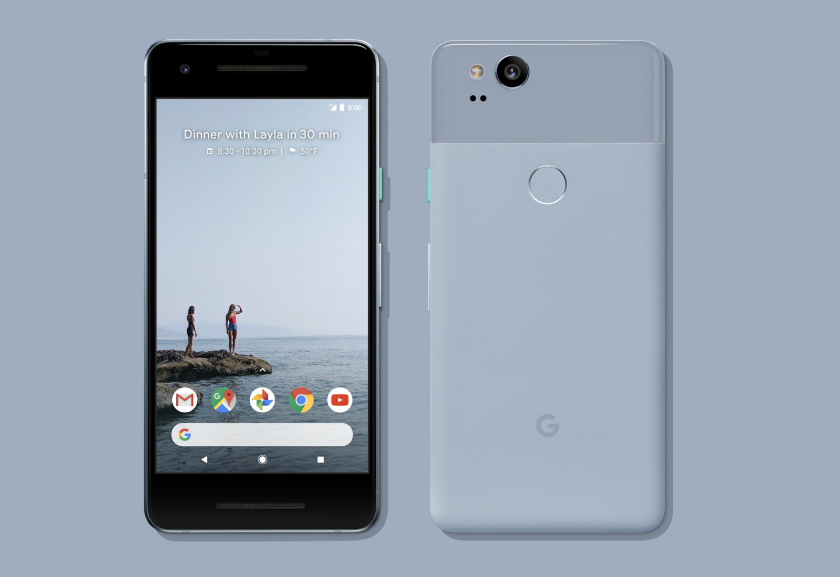 圖為 5 吋的 Pixel 2。相比之下,Pixel 2 XL 則採用 6 吋螢幕、18:9 比例(圖/翻攝自 Google 官網)