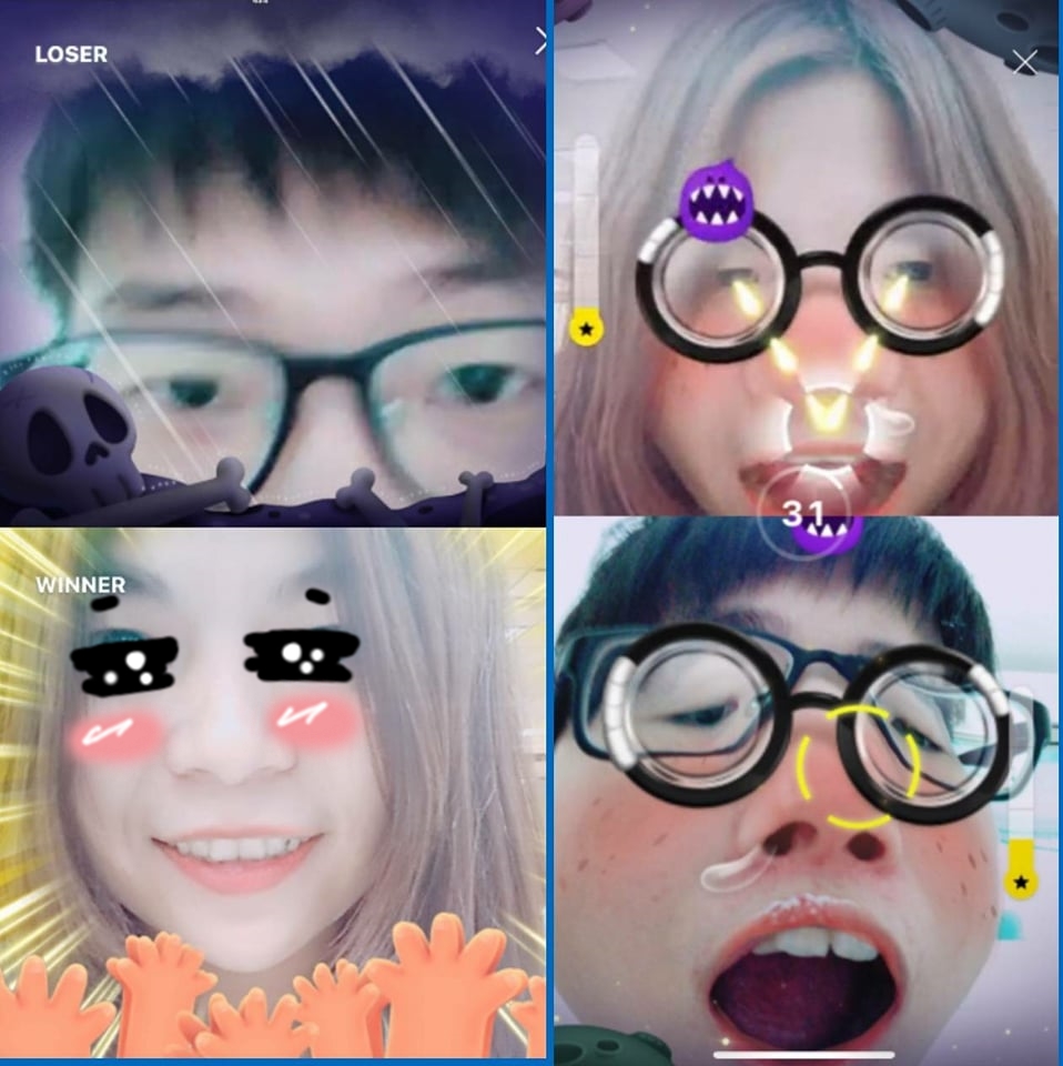 視訊通話過程中可與好友玩趣味的計時臉部遊戲，遊戲結束還會出現輸家哭哭、贏家慶賀的畫面，相當有趣。（圖翻攝手機畫面)