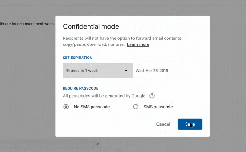 針對企業版、個人版Gmail用戶，新增可指定時間的「加密」模式。(圖翻攝自Google Blog)