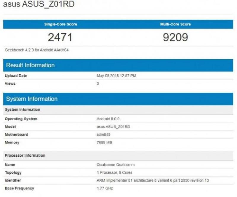 跑分平台近日出現一款搭載高通S845處理器、型號為「Z01RD」的華碩新機。(圖翻攝自 Geekbench)