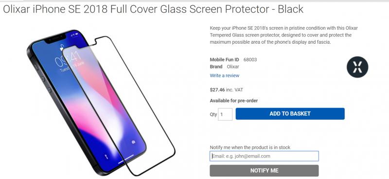 配件商 Olixar在國外網站上架了iPhone SE 2018版螢幕保護貼的預購新品。(圖翻攝自MobileFun)