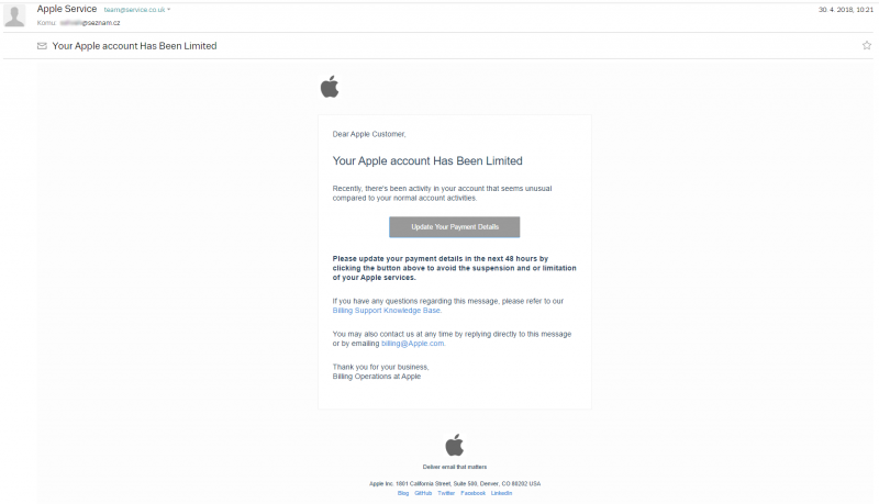 假冒 Apple 名義發送的網路釣魚郵件,但寄件人並非 Apple,且提供的連結也指向非 Apple 的網站。(圖翻攝自趨勢科技部落格)
