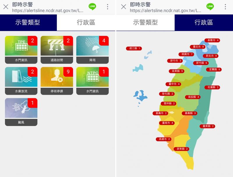 手機LINE加入「國家災害防救科技中心」官方帳號,可掌握颱風最新動態、全台各地停班停課等即時資訊與相關防災資訊。(圖翻攝手機畫面)