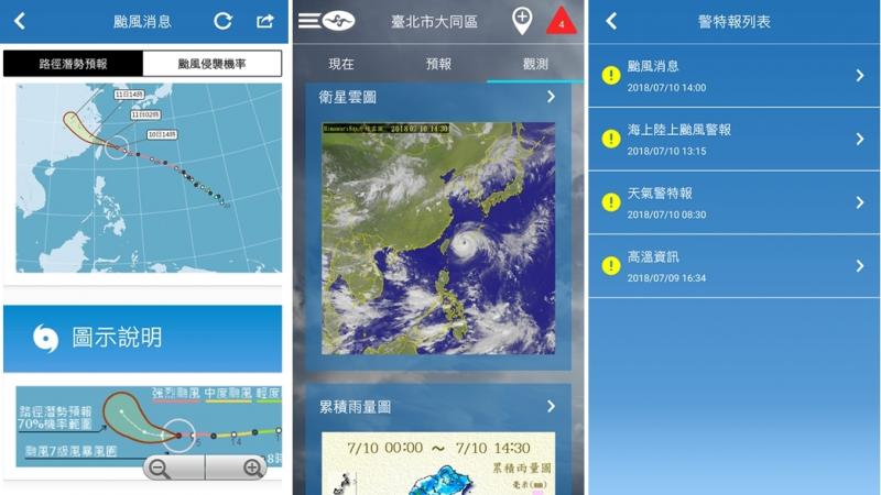 中央氣象局官方推出的「中央氣象局 W-生活氣象」App,提供全台各地現在最新的颱風動態消息、各地即時觀測資訊。(圖翻攝手機畫面)