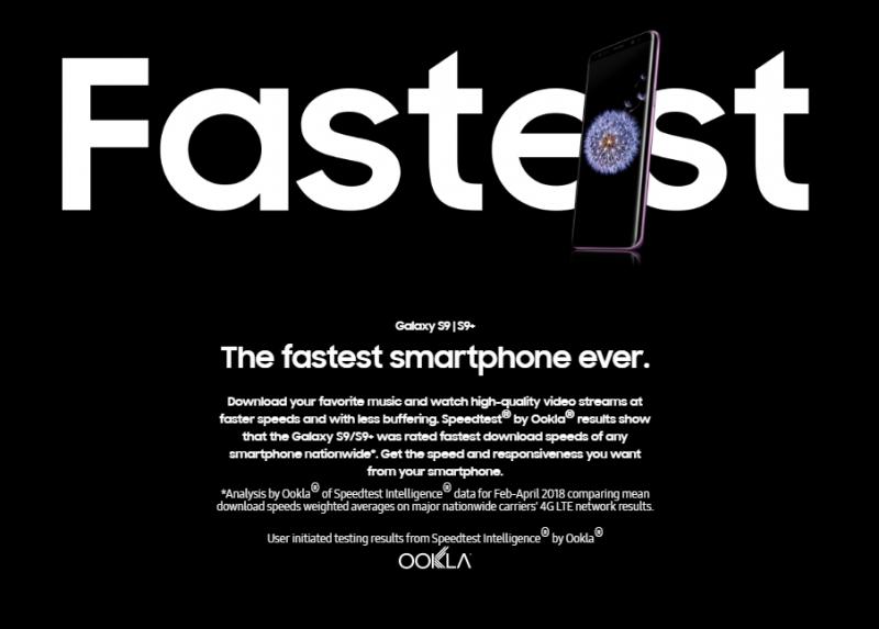 Ookla 公布最新測試調查報告,數據顯示三星 S9 的平均載速為每秒 38.9Mbps,是目前旗艦機款中網速最快的。(圖/翻攝自三星官網)