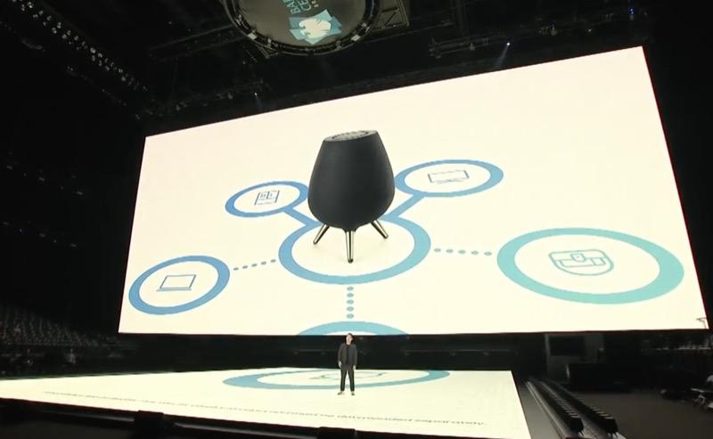 三星於發表會預告首款內建聲控Bixby功能的智慧音響Galaxy Home 將登場的消息。(圖/三星)