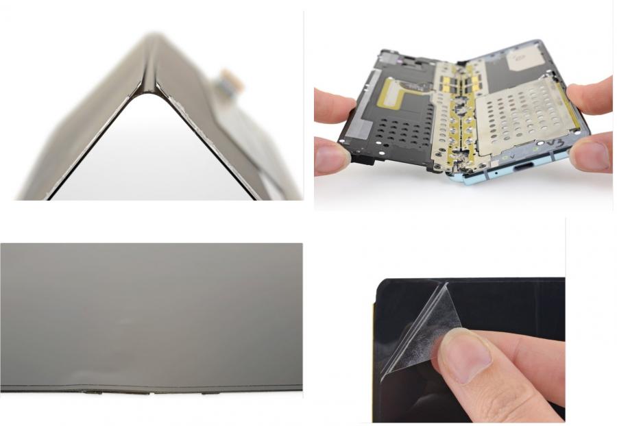 三星摺疊機拆解,主螢幕背部採用薄金屬支撐板,並採用分離式面板。主螢幕正面,外層覆蓋一片以先進聚合物物質的保護層為保護螢幕的強化機制。(圖翻攝自iFixit、編輯合成)