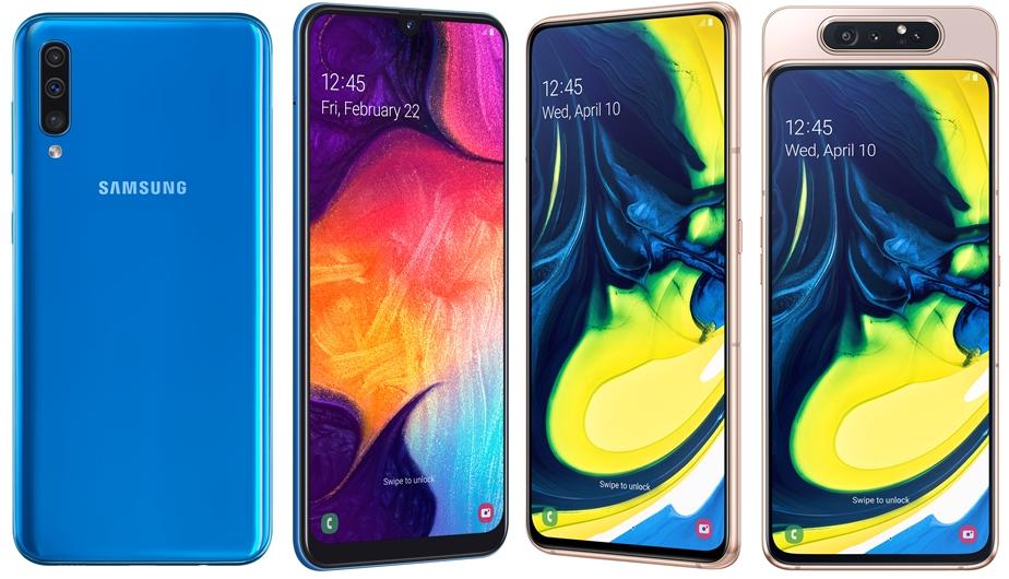 擁6.4吋全螢幕的三星A50，搭載3顆主相機，內建128GB容量，售價11,900元；機身提供藍、白與黑三種顏色。另，滑蓋翻轉設計的中高階A80，則是近來頗具話題討論的人氣手機。（圖三星提供；編輯合成）
