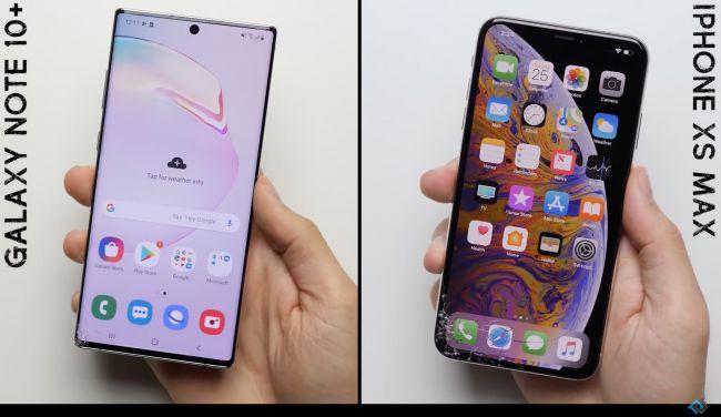 機身邊框摔落測試後,iPhone XS Max 螢幕正面裂痕出現範圍較大。(圖翻攝自《Phone Puff》測試影片)