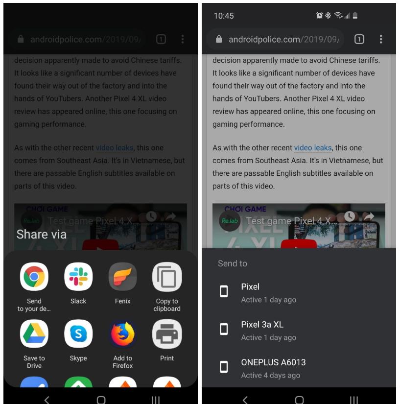 手機版Chrome瀏覽器更新到77版本後,新增可一鍵分享「傳送到用戶其他裝置」的新功能。(圖翻攝自Android Police)