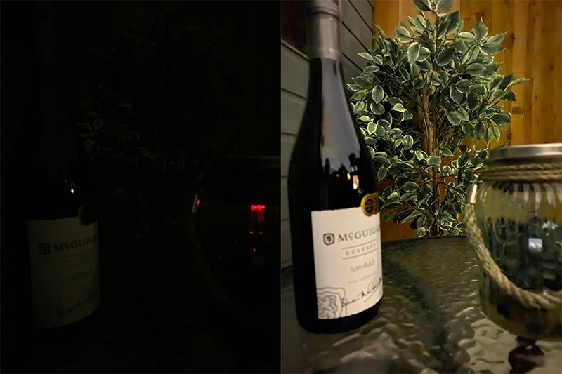 對比開啟夜拍模式的成像效果(右圖)，在黑暗中的左圖幾乎什麼都看不到。（圖片來源／擷取自 @SnellingD 的推特）