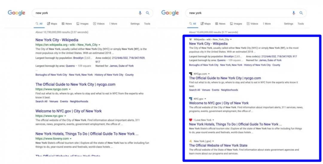 圖左為目前Google關鍵字搜尋結果顯示頁面；圖右為Google 正測試中的新版。（圖翻攝自9to5Google）