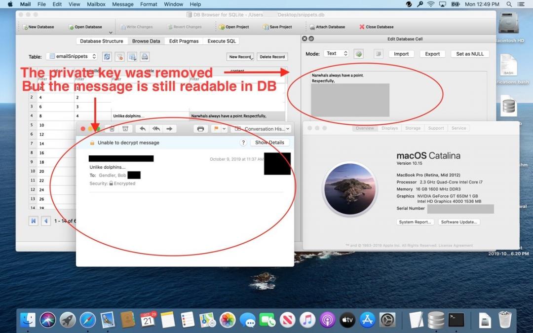 蘋果macOS 系統內建的 Mail App 發送電子郵件後，會同時存放至一個名為「snippets.db」的資料庫。即使用戶已刪除信箱內的郵件，最原始的資料檔案仍可從該未經加密防護格式的資料庫中顯示。（圖／翻攝自國外安全專家Bob Gendler 部落格）