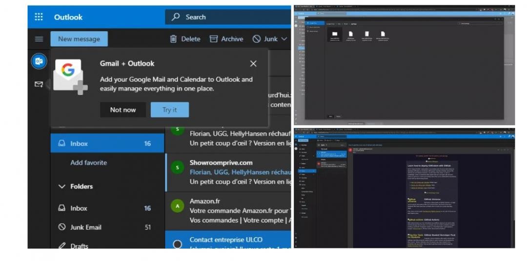 未來登入網頁版 Outlook 的個人郵件帳號之後,透過帳號整合的設定新功能,將可於視窗畫面上,快速切換來自個人 Gmail 帳號所同步收發的郵件。(圖翻攝自9to5 Google)