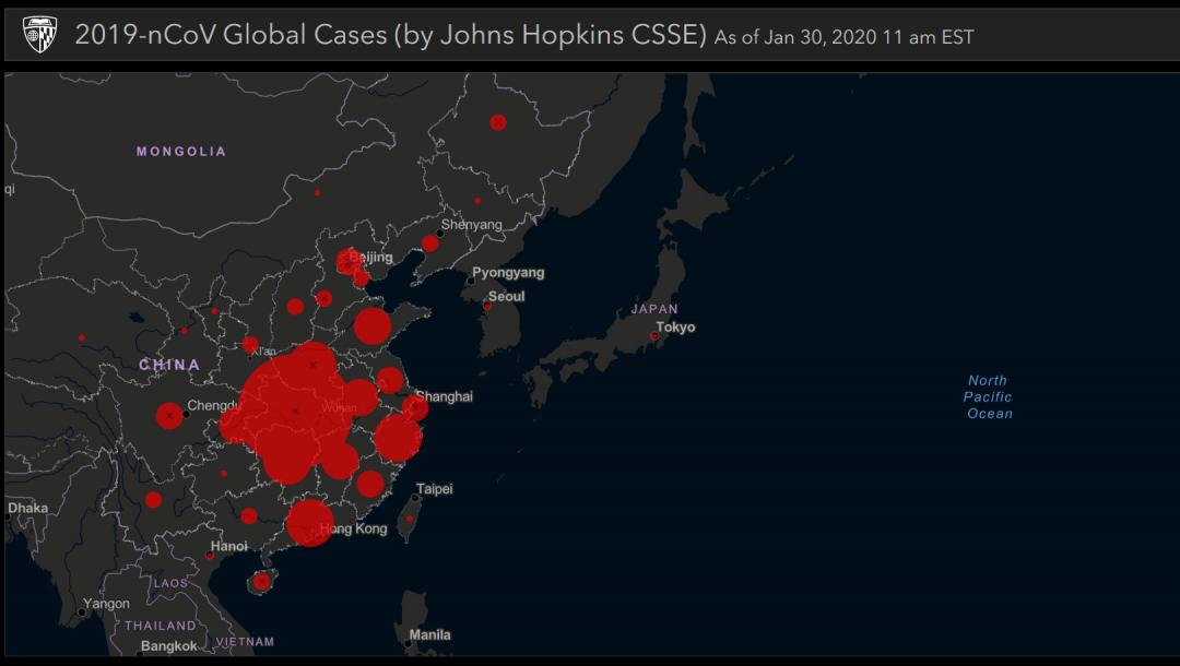 美國約翰．霍普金斯大學打造出武漢肺炎全球即時疫情地圖。（圖擷自gisanddata.maps）