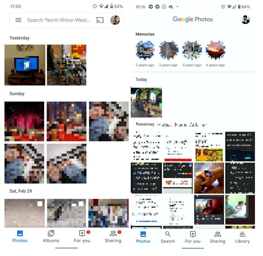 圖左為Google 相簿App目前既有的舊版介面，頂端為搜尋框；圖右為未來新版介面，移除頂端搜尋框後，改移至底端的導航功能列。（圖翻攝Android Police）