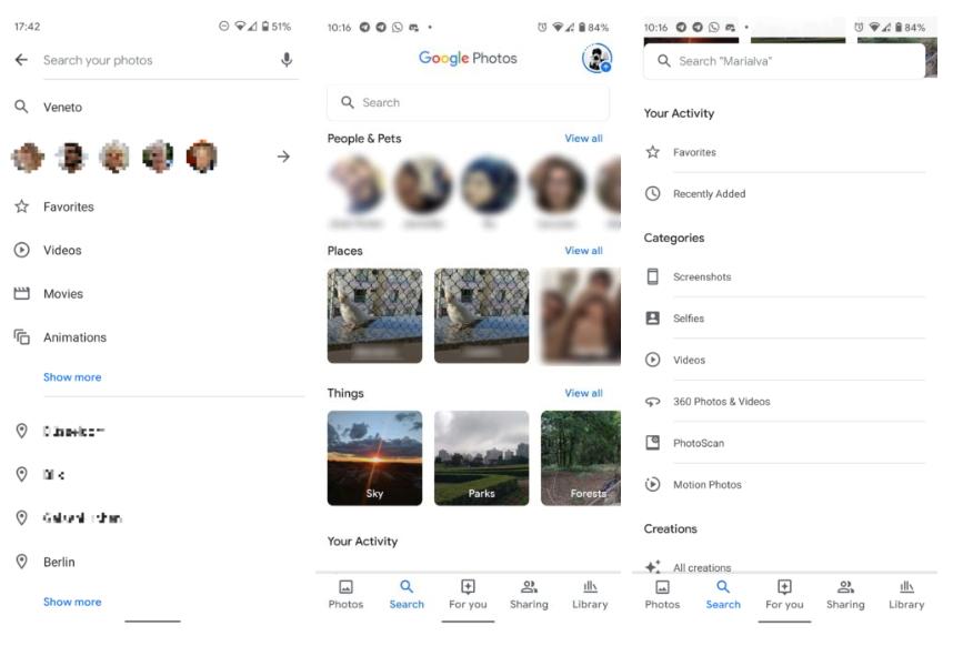 圖左為舊版搜尋介面。圖中與圖右，則為未來新版設計的搜索介面，預設加入多個分類項目，讓查找照片更一目了然。（圖翻攝Android Police）