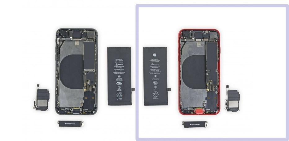 左半部為iPhone 8拆機後內部;右半部為2020新款iPhone SE 拆機後內部。(圖翻攝iFixit)
