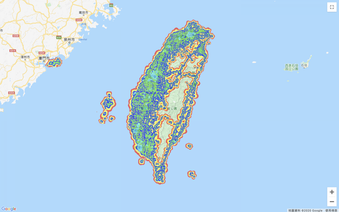 中華電信 5G 涵蓋率地圖,淺藍色的區域為 5G 涵蓋範圍。(圖/翻攝中華電信網站)