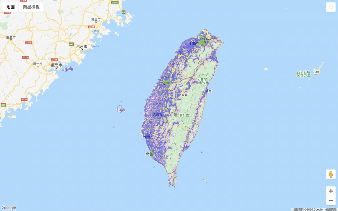 台灣大哥大 5G 涵蓋率地圖,淺綠色的區域為 5G 涵蓋範圍。(圖/翻攝台灣大哥大網站)