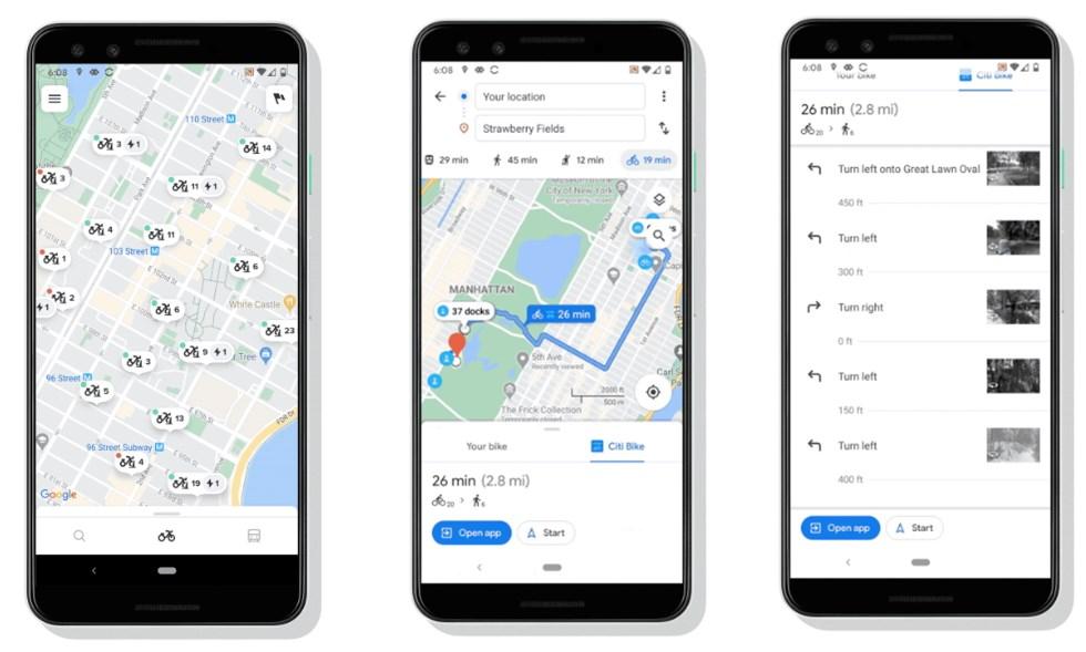 Google地圖新功能將上線,內建搜尋單車的路徑規劃,可以在點到點的路線規劃功能中看到共享單車資訊。(圖翻攝Google官網;編輯合成)