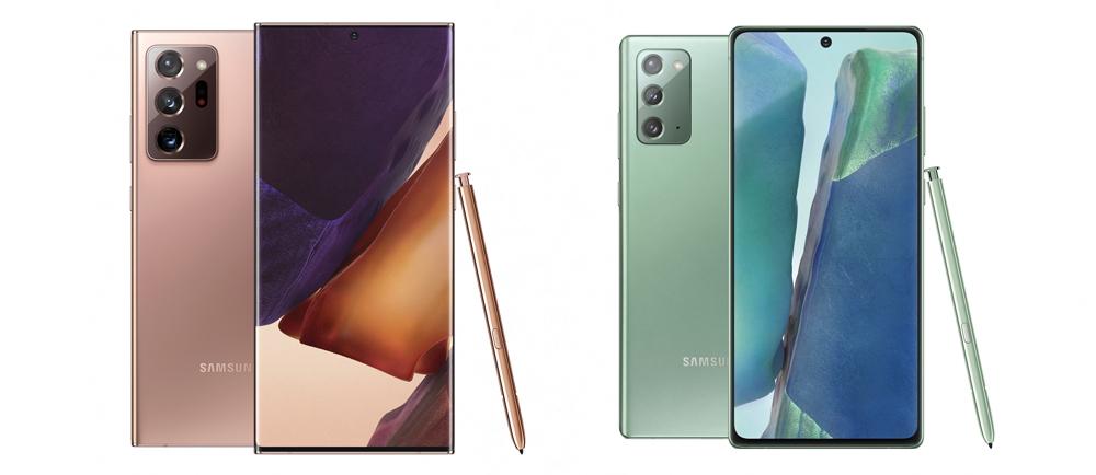 圖左為6.9 吋的三星Galaxy Note 20 Ultra,搭4,500mAh 電量;圖右為6.7吋的三星Galaxy Note 20,搭4,300mAh 電量。(圖三星提供)