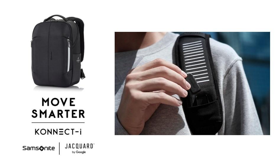 Samsonite Konnect-i 智慧背包，肩帶處內建有特殊觸控區塊，可支援手勢操控指令，與手機連動。（圖翻攝Samsonite官網）