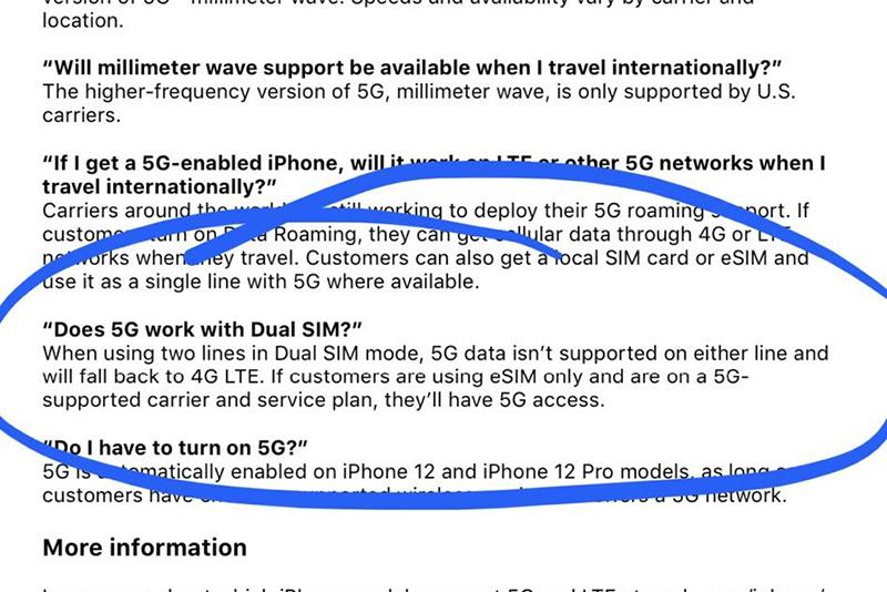 據國外 Reddit 網友的說法,Apple 預計在 2020 年底開放 iPhone 12 能夠支援 5G+4G 雙卡雙待。(圖片來源/Reddit)