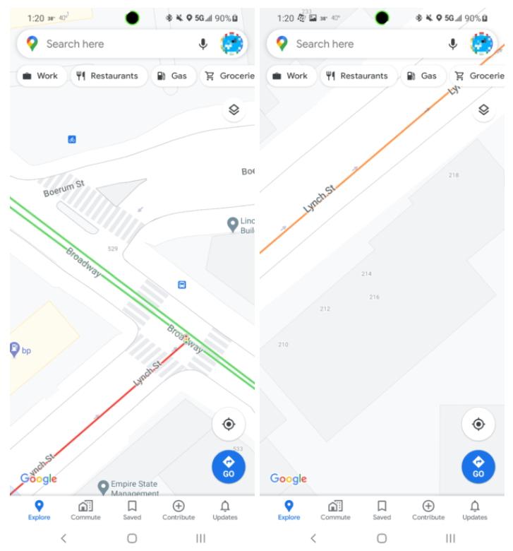 路口加入灰色斑馬線圖示；道路兩旁的建築物也提供門號碼號標示。（圖翻攝Android Police）
