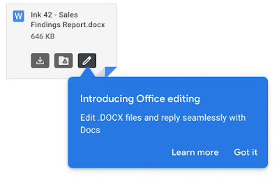 針對Google Workspace客戶用戶（先前稱為G Suite)，開啟Gmail郵件附件檔案時，若為微軟Office 文件。將可透過新增的「編輯」按鈕直接修改文件內容。（圖翻攝Google官方部落格）