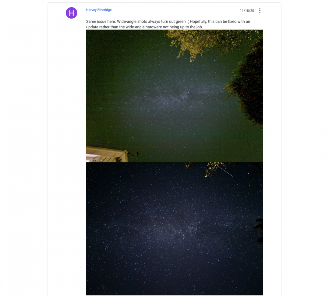 用戶反應,透過超廣角(上圖),與標準廣角(下圖)拍攝天文模式,有明顯的品質差異(圖/翻攝 Pixel 官方論壇)