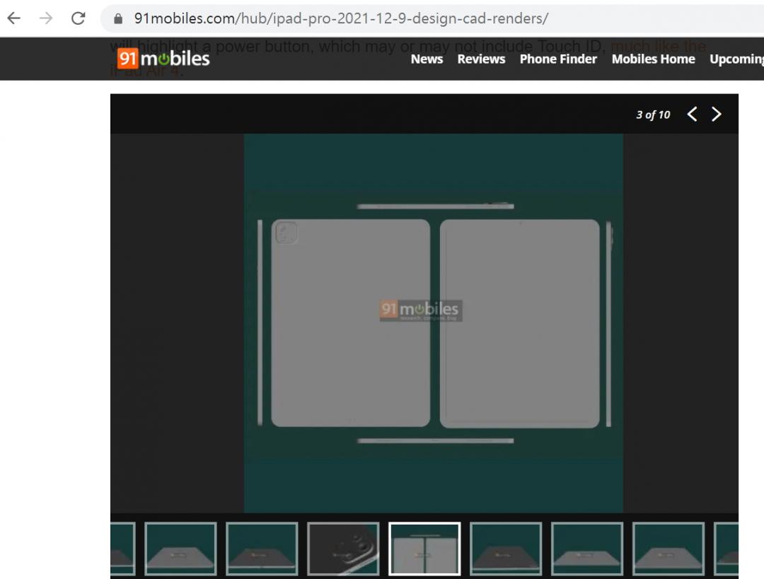 據稱為iPad Pro 2021版的新機型，將搭載 A14 Bionic 處理器，並為首款支援 5G 上網的 iPad 產品。12.9吋機型的新一代iPad Pro CAD渲染設計圖於網路流出。（圖翻攝91Mobile）