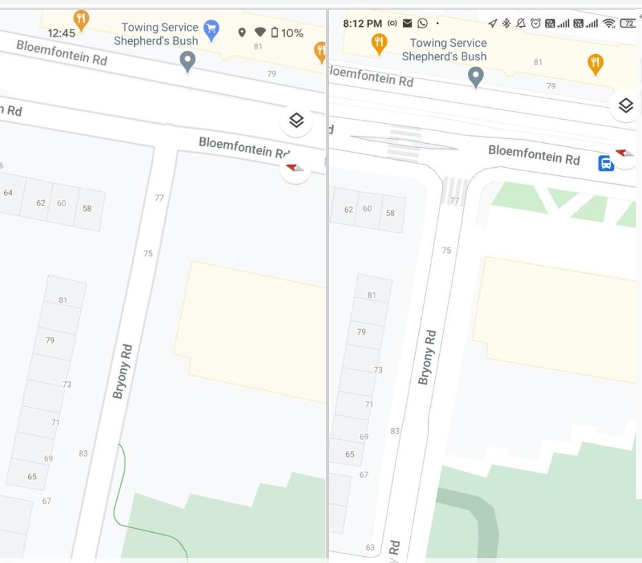 圖左為Google地圖舊版，圖右為優化街道介面的Google地圖新版。（圖翻攝Xda-developers）