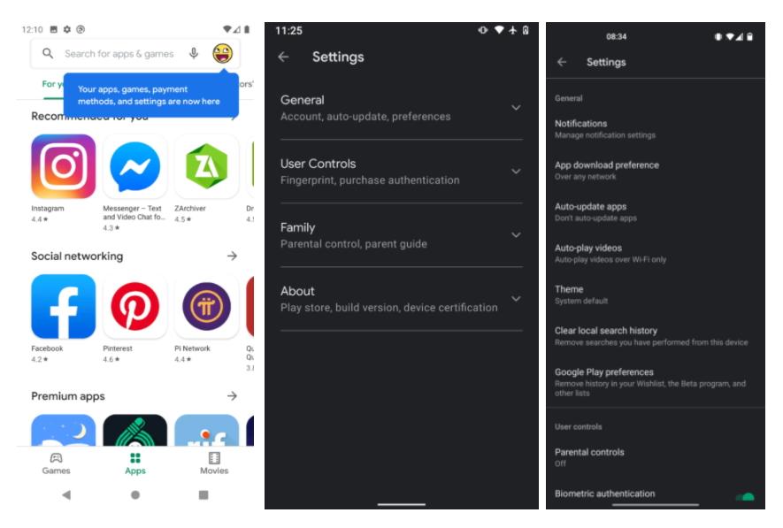 圖左與圖中為新版處於測試階段的Google Play商店介面。圖右為舊版的「設定」頁面。(圖翻攝Android Police)