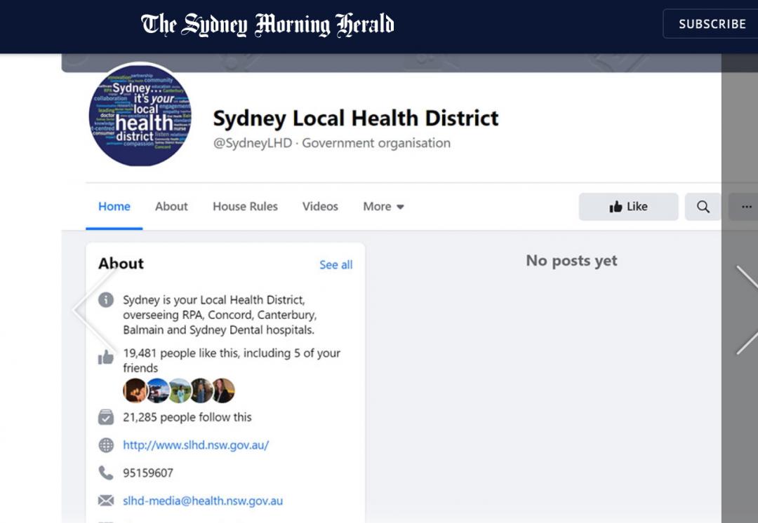 Facebook 發出聲明將實施新的社群政策，限制澳洲的新聞媒體與當地用戶無法在臉書上分享或查看新聞內容。除新聞媒體之外，部份澳洲官方單位也受波及，臉書專頁呈現空白。（圖翻攝雪梨先驅晨報）