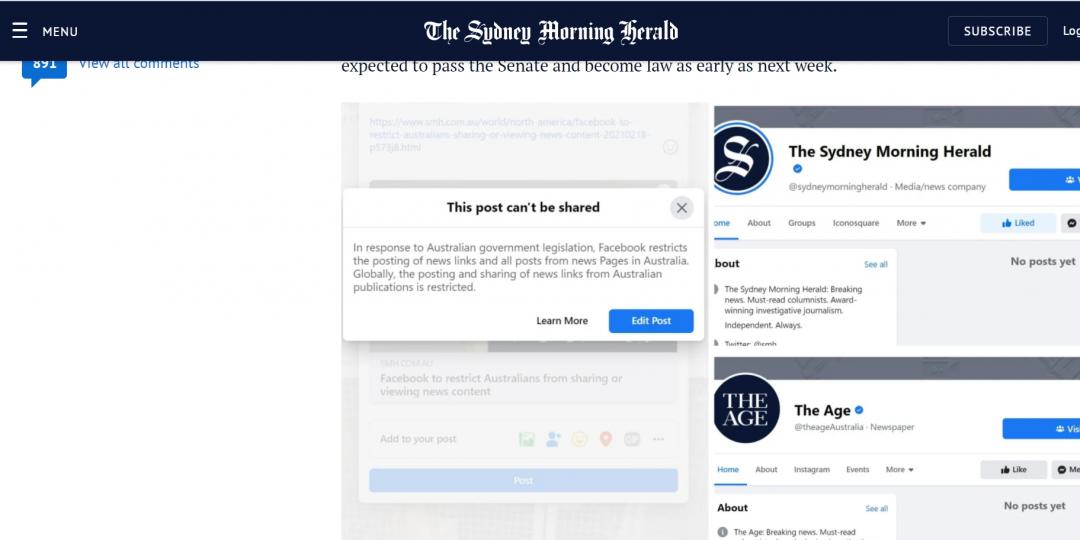 Facebook 發出聲明將實施新的社群政策，限制澳洲的新聞媒體與當地用戶無法在臉書上分享或查看新聞內容。除新聞媒體之外，部份澳洲官方單位也受波及，臉書專頁呈現空白。（圖翻攝雪梨先驅晨報）