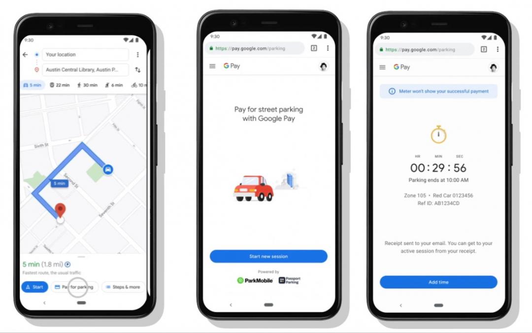 手機版的Google 地圖,整合Google Pay電子錢包,讓開車族可直接於操控介面上設定繳交路邊計時停車費用等相關設定。率先開放美國地區的安卓手機用戶體驗。(圖翻攝Google官方部落格;編輯合成)